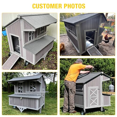 Large Chicken Coop with Wheels, Weatherproof Chicken Tractor with Asphalt Roof, Wooden Poultry Cage with Nesting Box & Removable Tray, Outdoor Hen House for 3-5 Chickens Backyard Farm - color: Grey, size: 48.6"L x 41.0"W x 51.2"H
