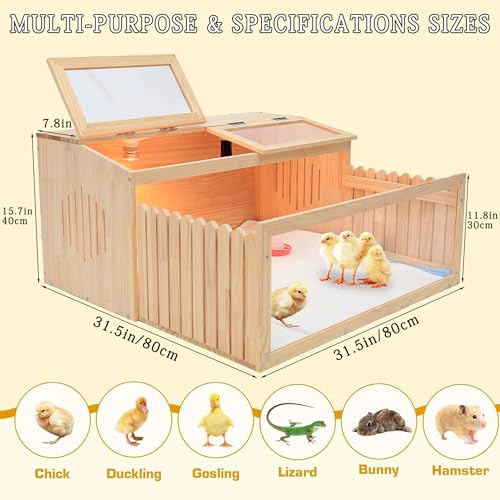 Large Chicken Brooder Box for Chick,Wooden Brooder Box 32" with Bulb Set and Thermometer - Accommodates Up to 25 Chicks-Ideal for Ducks,Quails,Hamsters,and Lizards（32x16x16 Inches）