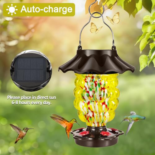 LUJII Solar Hummingbird Feeder for Outdoor Hanging, RGB Illuminated Hand-Blown Glass Lantern, 35 fl.oz, Leak-Free & Rust-Resistant, Metal Cap with 5 Feeding Ports, Pineapple Design, Yellow - color: Yellow