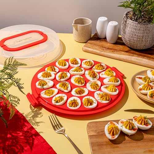 Deviled Egg Containers with Lid & Handles, 22-Count Portable Carrier, Dishwasher Safe Tray, Refrigerator Storage, High-Capacity Trays Deviled Egg Holder - Red - color: Red