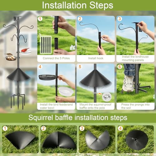 Bird Feeder Pole, 92 Inch Squirrel-Proof Bird Feeder Stand with 4 Shepherd Hooks, Water Bowl and Mesh Tray, Adjustable Birdhouse Pole, Perfect for Outdoor Garden & Yard - color: Hook-style