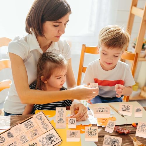 JarThenaAMCS 16Pcs Fall Wooden Rubber Stamps Set 11 Pcs Autumn DIY Craft Cards Stamps Pads with 5 Mixed Ink Pads for Fall Thanksgiving Party Gift Decor Classroom Scrapbooking Cards Making Supplies - style: Fall