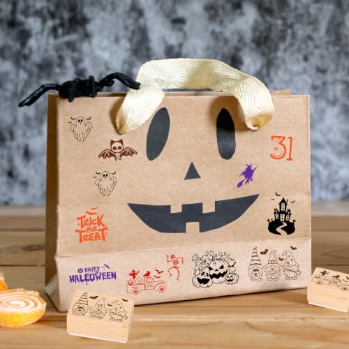 JarThenaAMCS 16Pcs Halloween Wooden Rubber Stamps Set 11 Pcs Spooky DIY Craft Card Stamps Pads with 5 Mixed Ink Pads for Party Gift Decor Scrapbooking Cards Making - style: Halloween