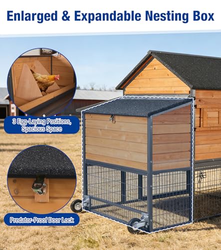 Large Chicken Coop with Wheels, Upgraded with All-Arounded Iron Frame Chicken Tractor, Poultry Chicken House with Large Run, Waterproof Roof, Expandable Nesting Box, 85" L for 5-7 Chickens