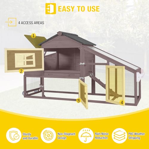 Aivituvin Chicken Coop with Run and Wheels, Mobile Outdoor Hen House Wooden Poultry Cage with Waterproof Roof (Brown, AIR23) - color: Brown, size: 67.3"L x 26.0"W x 39.4"H