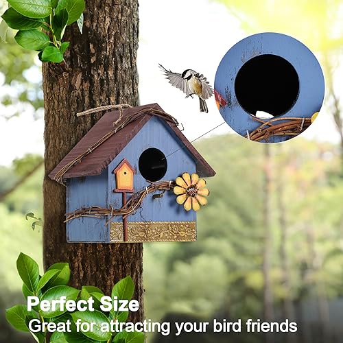 Blue Wooden Hanging Bird House Feeder for Outside Garden Wild Birds | Decorative blue wooden hanging birdhouse feeder nest box for outdoor garden, hummingbird cardinal bluebird bird lovers gift