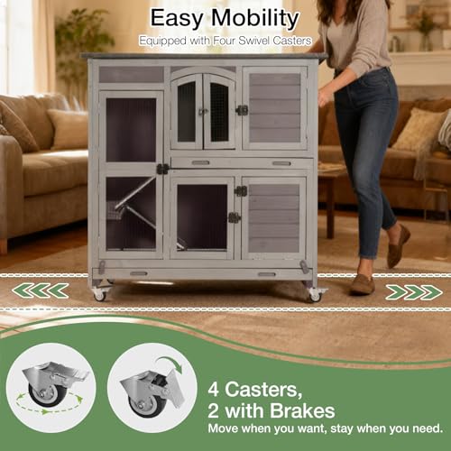 47.2" Two-Story Rabbit Hutch with Wheels, Indoor Outdoor Bunny Cage with Openable Viewing Window & Leakproof Sliding Trays, Wooden Small Animal House with Ramp, for Rabbits-(Grey) - color: Grey-AIR06
