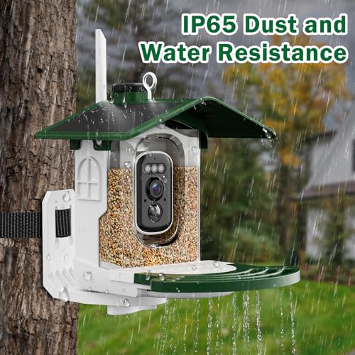 Smart Bird Feeder with Camera, Solar Powered Outdoor House, Green | 2K HD Video, AI Auto Capture Birdhouse, Dual Solar Power Design, Supports Micro SD Card up to 128GB (Not Incl.) - color: Medium Green