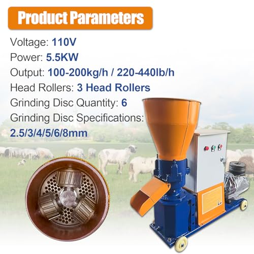 Upgraded 110V 60HZ Animal Pellet Feed Mill Machine w/3 Head Roller | w/Separate Control Box and Deepened Enlarged Feed Port, w/6 Grinding Discs 2.5/3/4/5/6/8mm, 5.5KW Copper Motor, 220-440lb/h