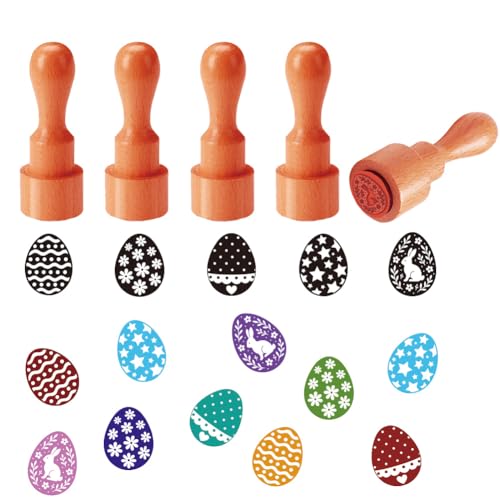 AHANDMAKER 5 Styles Easter Egg Stamps, Easter Eggs Pattern Mini Wooden Rubber Stamp Unique Designs Egg Drawing Stamps for Easter Party Eggs Famers and Chicken Owners Scrapbooking Card Making - style: Easter Eggs