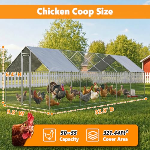 Metal Chicken Coop with Waterproof Pitched Roof, 32.8×9.8×6.4ft | Thickened Steel Frame, Predator-Proof Wire, Weatherproof & UV Resistant Cover, Detailed Assembly Guide & Tool Kit - size: 393.6"L x 118.1"W x 76.8"H