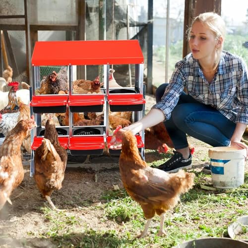6-Compartment Chicken Nesting Boxes, Metal Hen Laying Boxes with Roll-Away Egg Tray, Lockable Lid, Easy-Clean Design for Coop and Farm - color: Red, size: 37.0"L x 16.5"W x 8.7"H