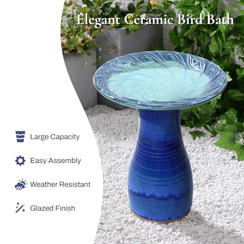 LuxenHome 20" Ceramic Bird Bath for Outside, Glazed Blue Outdoor Bird Bath | For Outdoor Use; Features a Glazed Cobalt Blue Finish, Leaf Pattern Basin, Lightweight Ceramic Design, and Tall Pedestal Base - color: Navy Blue