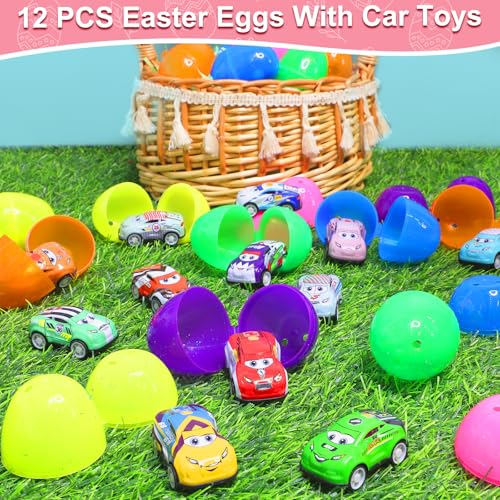 12 Pack Easter Eggs with Pull Back Car Toys, Colorful Eggs Vehicle for Kids Boys Toddlers Easter Basket Stuffers Filler Surprise Egg Hunt Classroom Prize Supplies Party Favors - style: 12 Pack Easter Egg with Pull Back Car