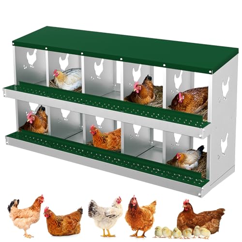 Garvee 10-Compartment Metal Chicken Nesting Box, Rustproof Galvanized Steel with Ventilated Holes, Removable Trays & Sturdy Bracket Legs, Easy Egg Collection - Green - color: Green, size: 10 Compartments