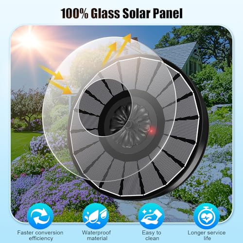 Solar Fountain Work On Cloudy Day,Solar Water Bird Bath Fountain with Faster Conversion Glass Solar Panel and Power Indicator,Built-in 2000mAh Battery,Outdoor Garden Decor(Black Panel)
