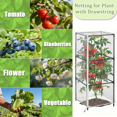 3 PCS Garden Bird Netting Plant Cover for Square Tomato Cage, 59"X15.8"Insect Bird Barrier Tomato Cage Net with Zipper & Drawstring Lawn Staples and Windproof Clips, Netting for Protecting Plant - size: 59INCH