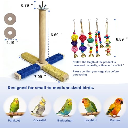 360° Rotating Bird Perch Stand - 4 Perches + 5 Colorful Chew Strand, Natural Bird Cage Accessories, for Small & Medium Birds Parakeets Cockatiels Lovebirds Budgies - color: Colorful
