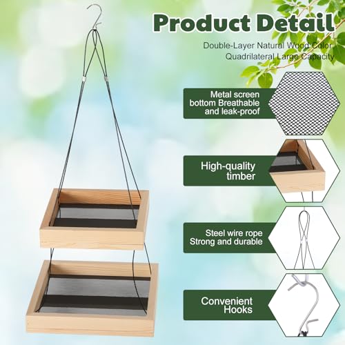2 Pack Bird Feeder Platform 2 Tier Large Bird Feeder for Outdoors 10 Lbs Capacity in Total Natural Wood Hanging Tray for Garden Yard Outside Decoration Attracting for Wild Birds