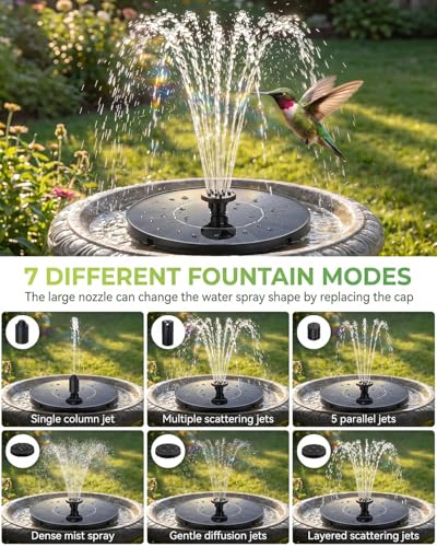 Solar Fountain for Bird Bath, 2026 Upgrade 1.4W Solar Water Fountain Pump with 7 Nozzles, 4 Fixed Pipes, Outdoor Standing Floating Solar Fountain for Garden, Ponds, Pool, Fish Tank, 6.3 Inch