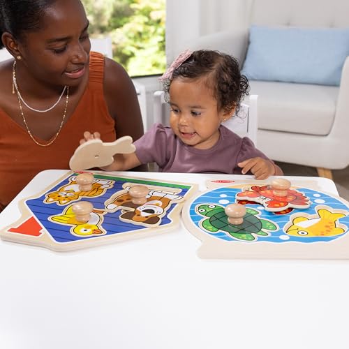 Melissa & Doug Wooden Jumbo Peg Puzzle 2-Pack – Fish Bowl, House Pets, 3-Piece for Toddlers Boys and Girls, Ages 1+ Years