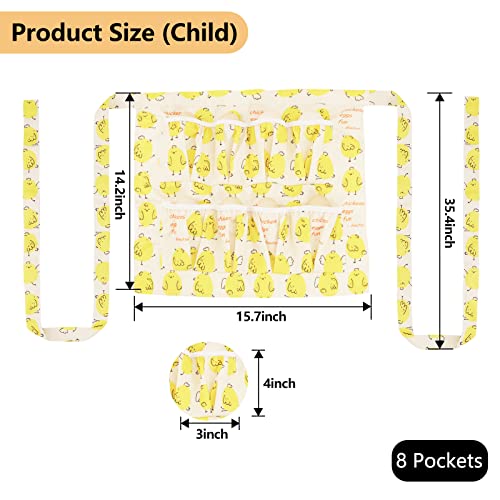 Egg Apron for Kid and Adult, Deep Pockets with Elastic Closure | Long Ties to Wrap Around and Tie In Front, Yellow Chick Printed, Egg Collect Gather Hold Apron - color: Yellow for Kid