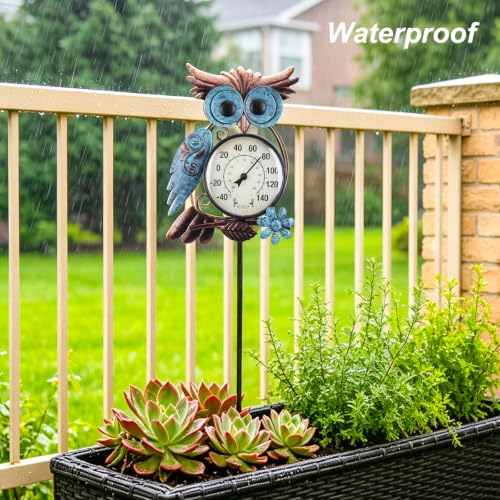 Outdoor Thermometer, Owl Outside Decor for Patio, Yard and Garden | No Battery Needed Garden Stake Wall Art Gifts Idea Waterproof - color: Cyan