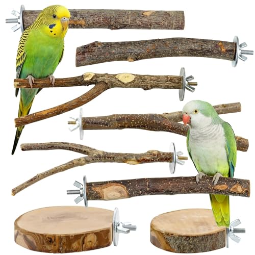 8 Pcs Natural Wood Bird Perch Set for Parakeets & Budgies | Ideal for Small/Medium Birds (Budgies, Conures) | Bark Textures for Foot Health | Tool-Free Wing-Nut | Safe Chewing - size: Core Perch & Platform - 8PCS