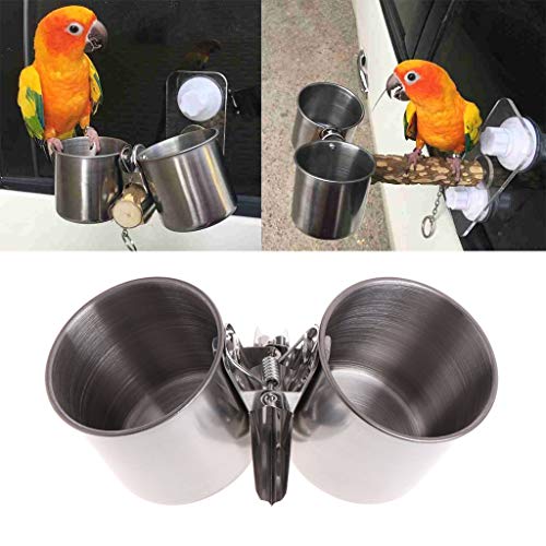 Hypeety Bird Feeding Double Cups Stainless Steel Food Water Bowls with Clip | Rust-proof stainless steel hanging bowl, bird seed feeder cups with clip, cage stand accessories, for parrot/cockatiel/conure