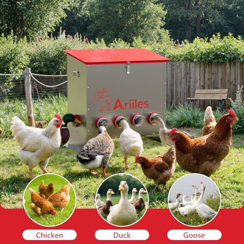 100lb Automatic Chicken Feeder with 6 No-Waste Ports, Metal Poultry Feeder with Elevated Stand & Weatherproof Lid, Large Feed Dispenser for Chickens, Ducks & Backyard Poultry - size: 100 LB