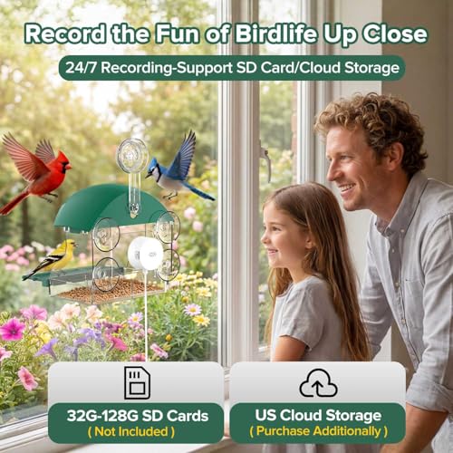 2026 Upgraded Window Bird Feeder with Camera for Bird Watching | 2K Live Video,AI Bird Identification,Instant Arrival Alerts,Support 2.4G/5G WIFI,Featuring 5 Strong Suction Cups.
