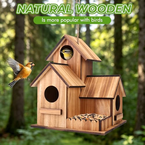 Bird Houses for Outside, 3-Hole Large Wooden Birdhouse for Bluebirds Finches Cardinal Hummingbird, Bird House for Outdoors Hanging Bird House Clearance Garden Courtyard Decor