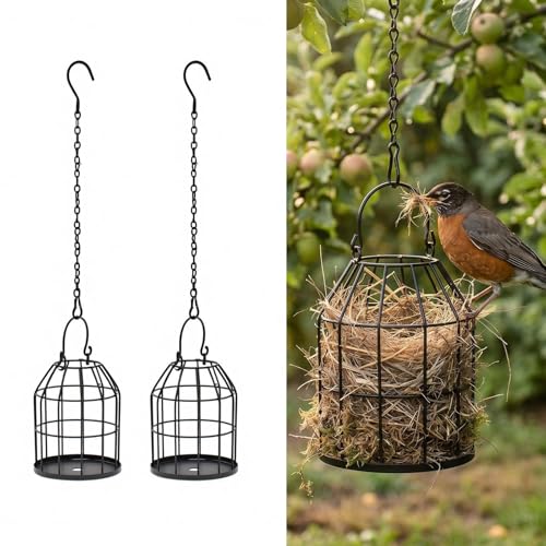 2 Pack Bird Nesting Material Holders, Refillable Metal Cage Holder for Wild Bird, Lovebirds & Hummingbird, Birdcage-shaped Hanging Decor for Outdoor Patio Yard Garden (Nesting Material Not Included)