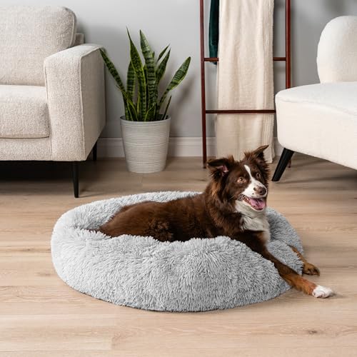 PetAmi Calming Donut Dog Bed, Washable Faux Fur, 30 Inch Medium, Light Grey | Warm Shaggy Faux Fur and A Deep Nest Help Anxious Pets Curl Up and Sleep Soundly. Perfect for Puppies, Cats, and Rescues. - color: Light Gray, size: Medium - 30"