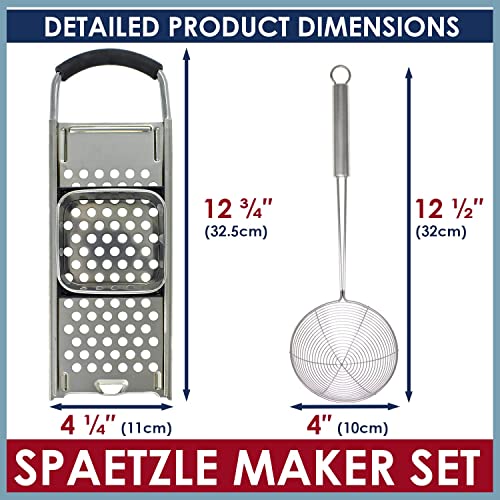 Premium Grade Stainless Steel Spaetzle Maker with Comfort Grip Handle, Stainless Steel Spider Strainer Skimmer Spoon Pasta Strainer, Homemade German Egg Noodle Dumpling Making Tool Set - color: Spaetzle Maker & Silver Strainer