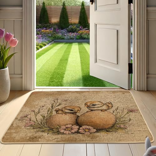 Cute Chickens Welcome Mat, Yellow Hatching Chick Doormat for Spring & Easter Home Decor, Non-Slip Absorbent Indoor & Outdoor Entrance Mat, Easy Maintenance 29x17 Inch