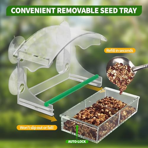 Window Bird Feeder for Outdoors, Acrylic Bird Feeder with Strong Suction Cups, Perfect for Up-Close Viewing, Removable Seed Tray with Drain Holes to Keep Nuts Fresh & Dry, Clear