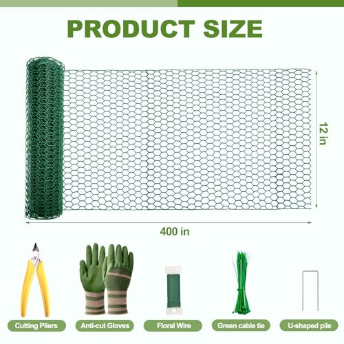 All-in-One 400 Inch Plant Protectors from Animals Kit - 0.85mm Heavy Duty Chicken Wire Cloche,Free-Cut Wire Mesh Roll Includes Pliers, Gloves, Ties, Stakes for Custom Outdoor Cages (12 * 400 Inch) - size: 12*400 Inch