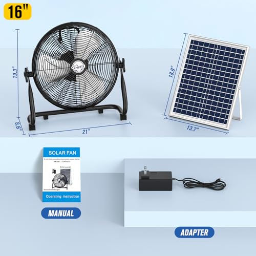 16" Solar Powered Fan with 20W Detachable Solar Panel, Black | Built-in Rechargeable Battery, Portable, 12 Speed, 360° Tilt for Outside, Camping, Greenhouse, Chicken Coop, Patio, gazebo - color: 16" Black