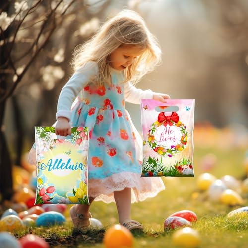Honeydak 60 Pcs Religious Easter Treat Bags Plastic Easter Candy Treat Goodie Cookie Bags Christian Cross Party Favors for Spring Sunday School Church Party Supplies