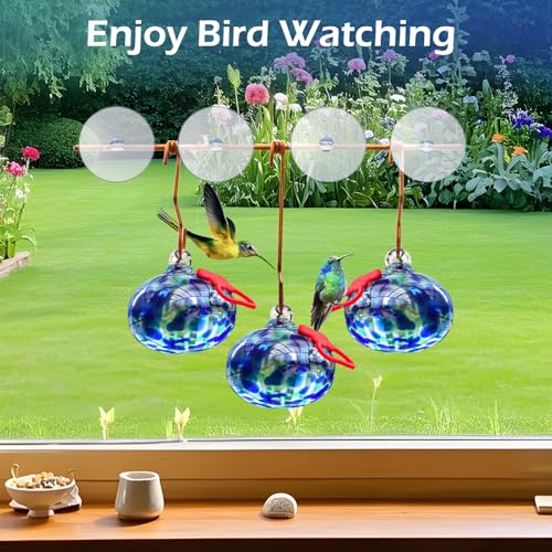 Pozfun Window Hummingbird Feeder with Suction Cups,Hand-Blown Glass Hummingbird Feeders for Outdoors Window Mounted with Metal Hook,Close Bird Watching,Finch in Garden,Yard(Dotted Blue) - color: Dotted Blue