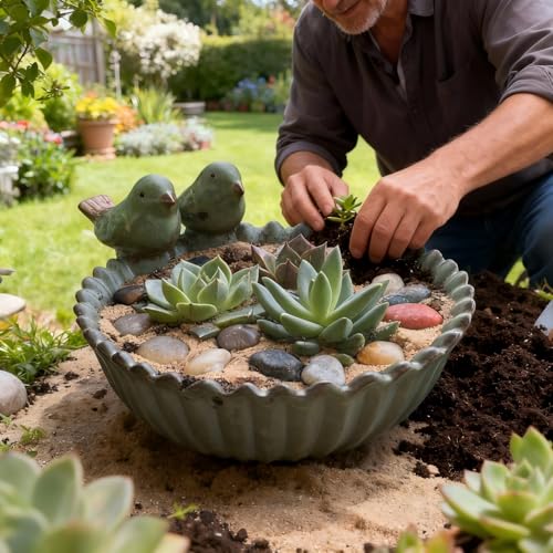  Birds Garden Design Birds Feeder Ceramic 6.3 Inch Diameter Flowerpot or Feeder for Outdoor, Bird Food Holder for Garden Outside Decor Succulent planters (Mint Green)
