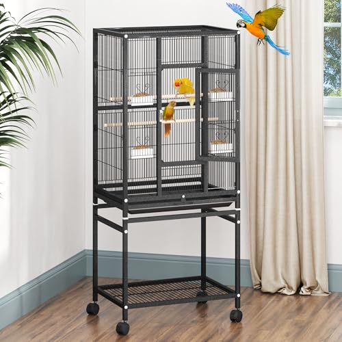 DWVO 53.9-Inch Metal Bird Cage | Large Parrot Cages with Seed Catcher & Cover - Rolling Stand with Brakes - color: Black, size: 24.0"L x 16.9"W x 53.9"H