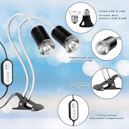 Hermit Crab Heat Lamp, Double-Head Reptile Heat Lamp with Clamp, Reptile Light with Rotatable Hose and Timer, Suitable for Reptiles Lizard Turtle Tortoise Snake Bearded Dragon, 4 Bulbs 25W+50W - size: Double-Head