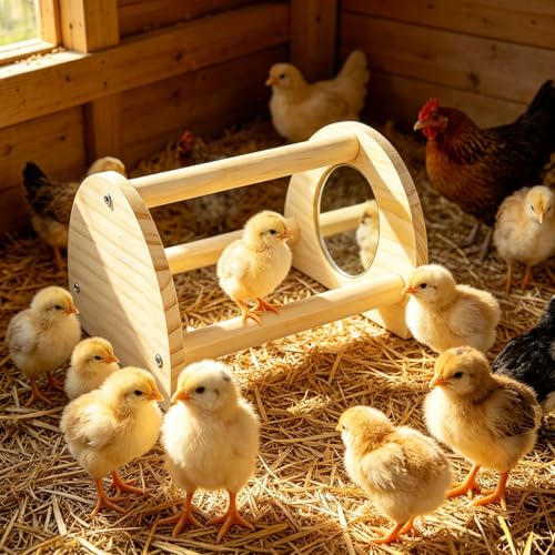 Pine Chicken Perch with Mirror, Strong Chick Jungle Gym Roosting Bar, Chicken Toys for Coop and Brooder, Training Perch Toys for Large Bird, Parrot, Macaw, Hens (Small) - size: Small