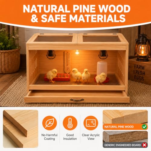 Wooden Brooder Box for Chicks, Ducklings & Quail Chick House | Solid NZ Pine Brooder Box, 31.5×15.75×15.75 in, Thermometer & Chick Perch, Clear Acrylic, Pull Drawer, Dual Vents for Poultry