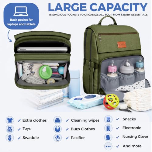 Baby Diaper Bag Backpack - Large Bag for Boys & Girls, Waterproof Diaper Backpack - Baby Shower Gifts for Boys - Toddler Diaper Bag with Changing Pad - Large Capacity, Wide Opening Easy Access - color: E. Army Green, style: Classic