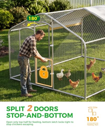 Large Metal Chicken Coop with Run, Walk-in Chicken Run for Yard with Waterproof & Anti-UV Cover, Spire Roof Outdoor Poultry Cage for Chickens Ducks Rabbits Backyard Farm