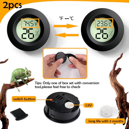 Reptile Tank Accessories, 2 PCS Reptile Thermometer and Humidity Gauge for Bearded Dragon, Jumping Spider, Leopard Gecko, Hermit Crab, Gecko, Ball Python, Lizard - color: Black Round