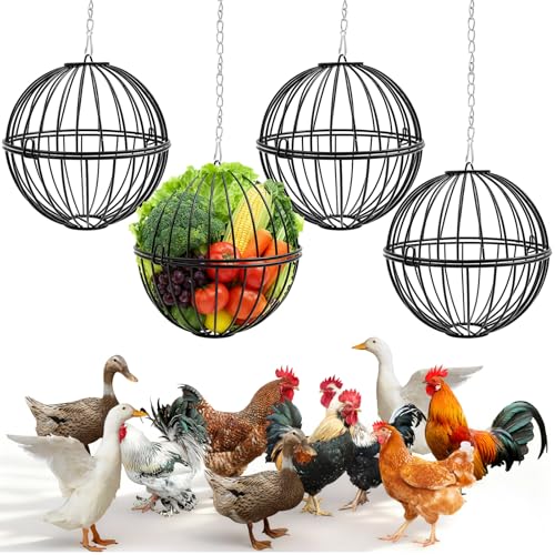 4 Pack Hanging Chicken Feeders for 10+ Chicken, 7.5 Inch Iron Rodent-Proof Duck Treat Dispenser Balls with 17.7 Inch Adjustable Hanging Chain for Feed and Toys, Weatherproof & Easy Install